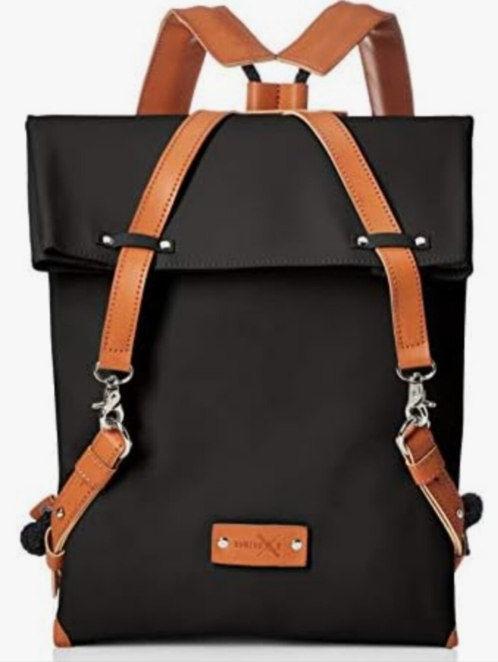 Yuoki Milan Black Backpack Tan Leather Straps. Weather Proof Convertible Bag